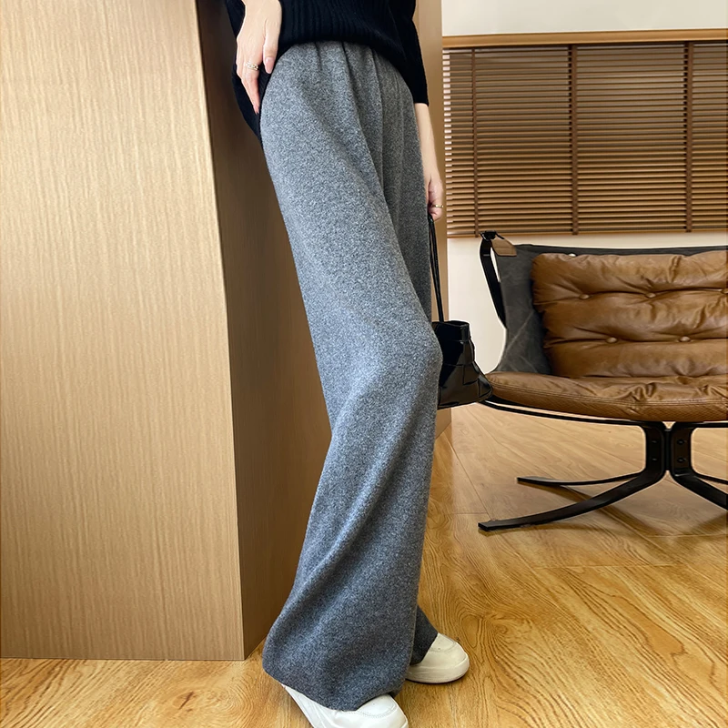 Women’s Wool Straight Pants Autumn Winter Elastic Waist 100% Merino Wool Knitted Solid Pockets Office Lady Classics Trousers