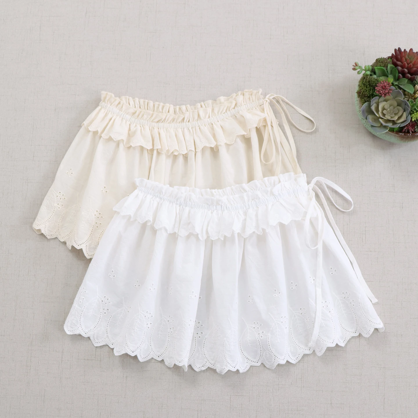 和菓子森ガール刺繍フリル綿下ミニスカート女性夏無地弾性ウエストカーテンスカート