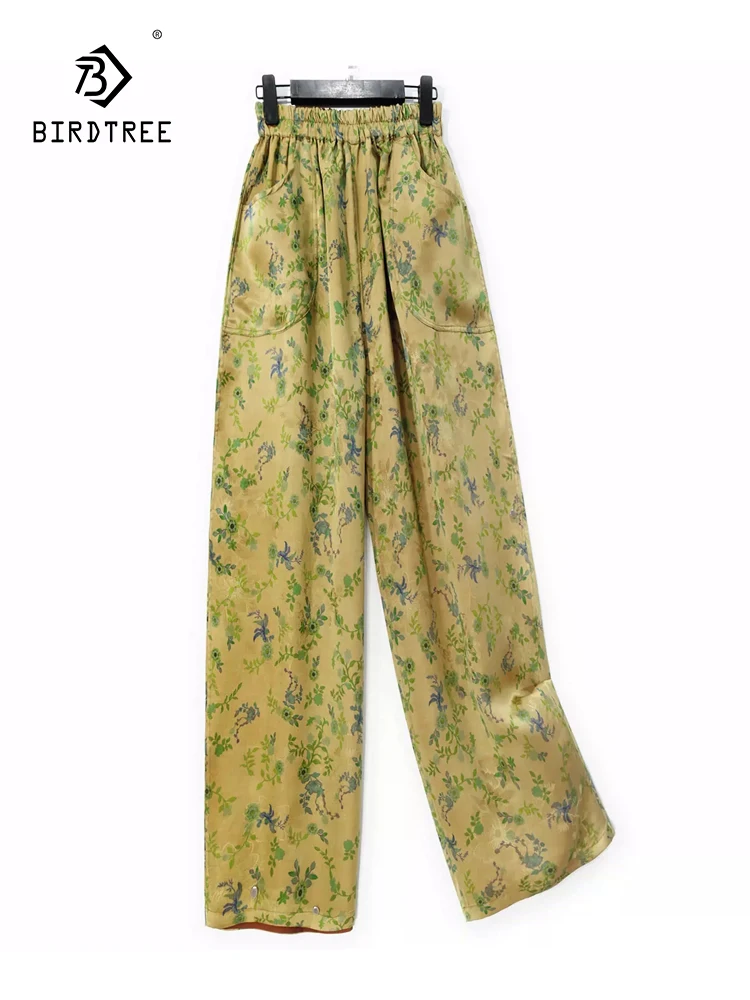 

Birdtree, 35MM Real Silk XiangYunSha Pants, Women's Elastic Waist Printed, Retro Loose Wide Leg Trousers, 2024 Summer B44937QC