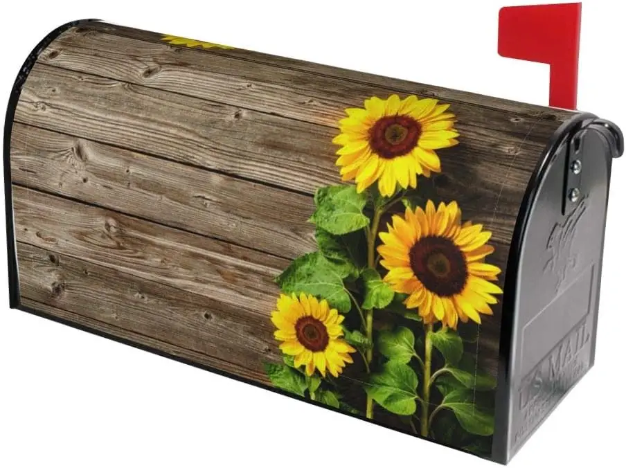 Sunflowers Wood Mailbox Covers Magnetic Post Box Cover Wraps Standard Size 21x18 Inches for Garden Yard Decor