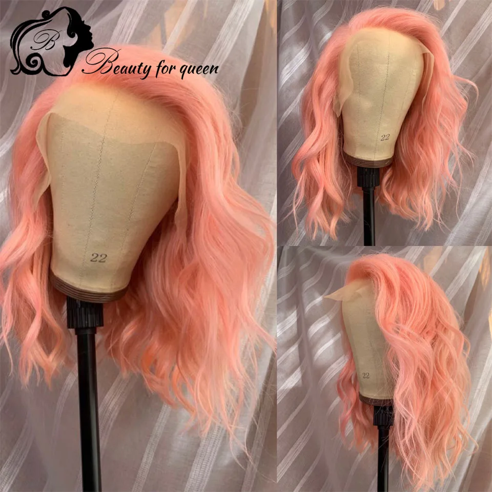 ピンクボブウィッグ人毛ボディウェーブレースフロントウィッグ180%密度13x4レースフロントウィッグ人毛プレプラッキング済み人毛100%