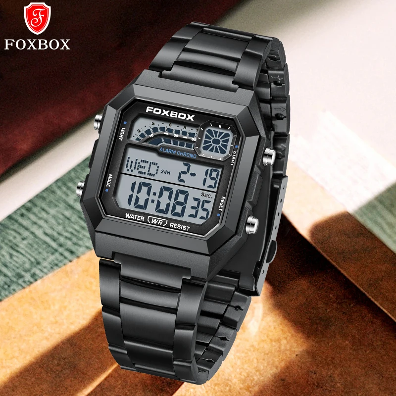FOXBOX Fashion Luxury Digital Man Watch Casual Simple Dial Auto Date Waterproof Luminous Steel Electronic Watches for Men Gifts