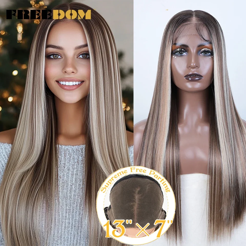 

FREEDOM Synthetic Lace Front Wig 30 Inch 13x7 Long Straight Full Lace Front Wig Ombre Brown Blonde Highlight Cosplay Wigs