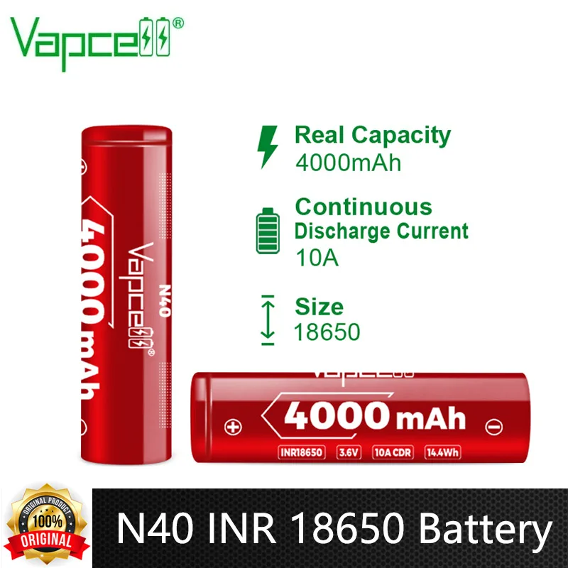 Highest Capacity Vapcell 18650 Battery 4000mah N40 INR 18650 10A 3.6V Li-ion Reachargeable Batteries For Flashlight VapeMod