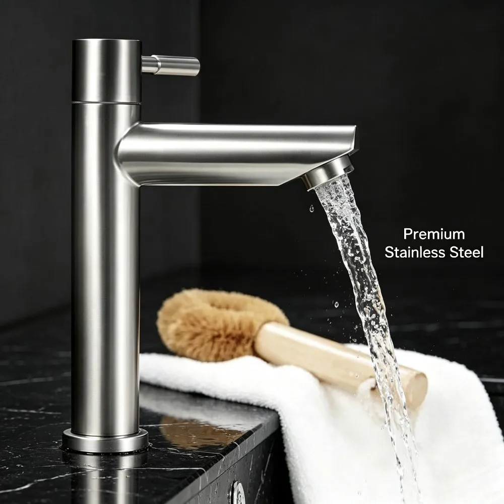 1 PC Stainless Steel Single Cold Water Faucet, Silver High-End Sink Washbasin Tap, Extended Height, Fashionable and Elegant