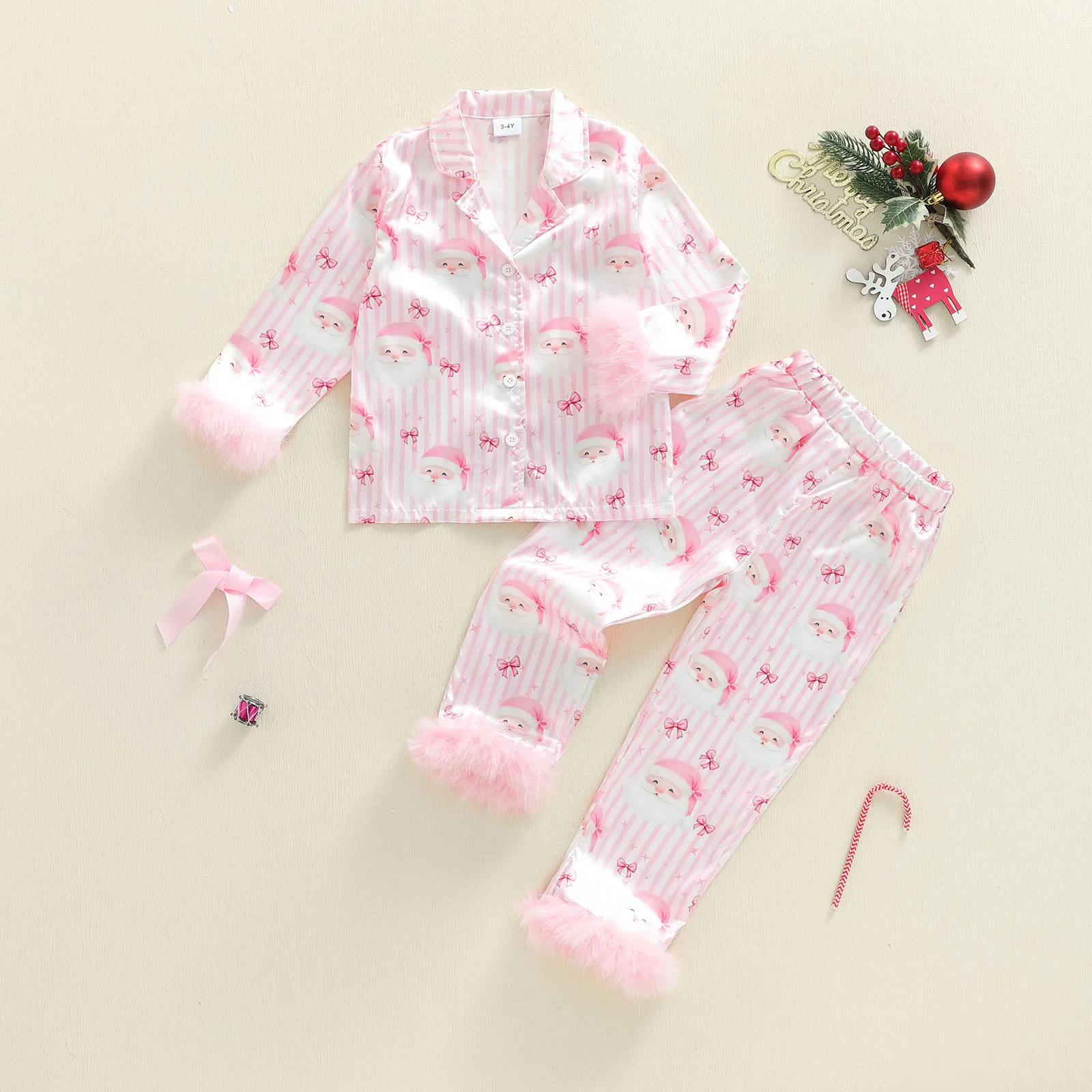 

Toddler Girl Christmas Satin Pajamas Set Santa Stripe Print Lapel Long Sleeve Button Down Tops with Pants Two Pieces Sleepwear