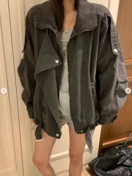 Korean Style Vintage Heavy Duty Zipper Loose Casual Jacket Motorcycle Coat Women's Autumn New Design Short Top