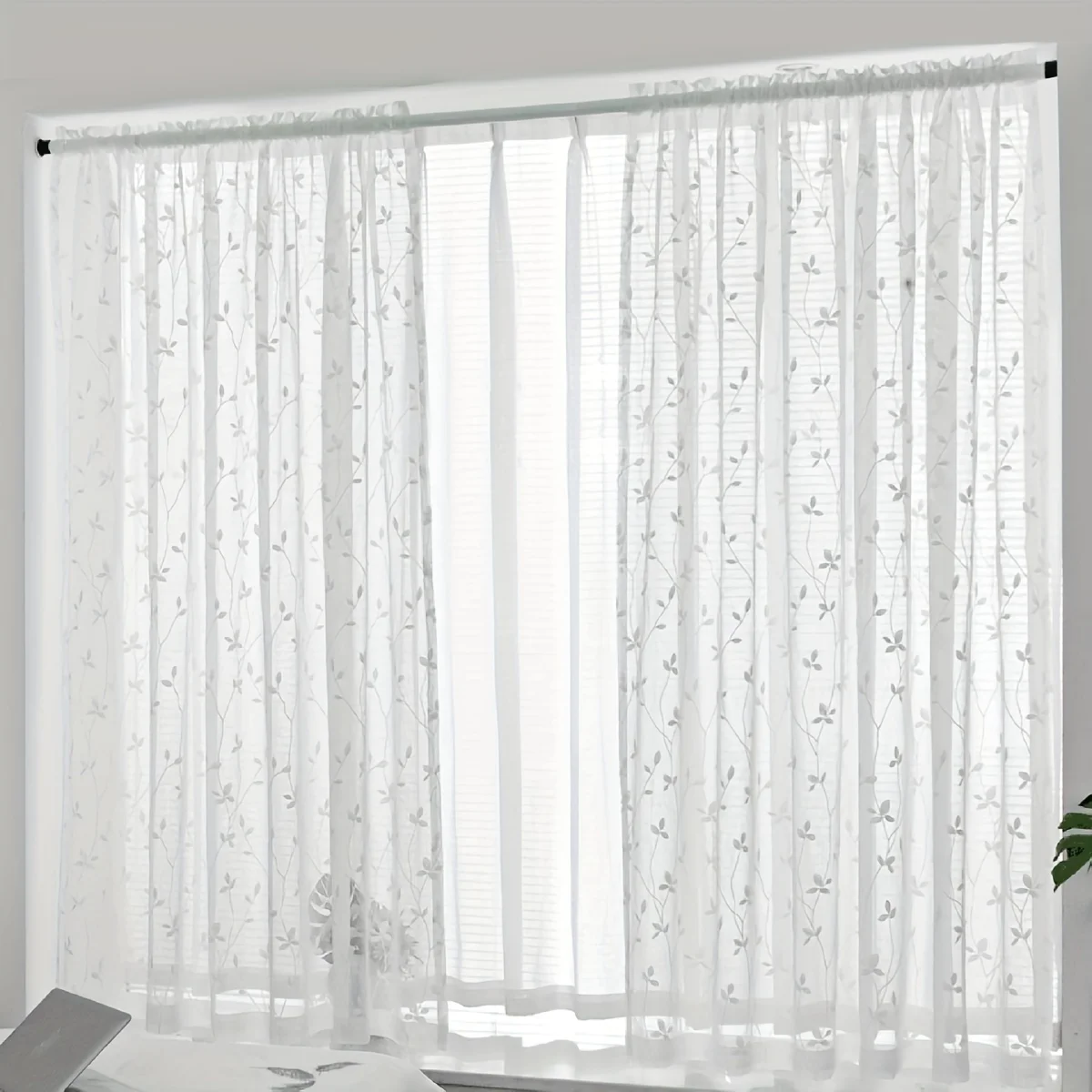 1PC Simple Embroidered Sheer Curtain, Country Style Vine Flower Window Shade, Light-Transmitting Leaf Sheer Panel, Suitable for