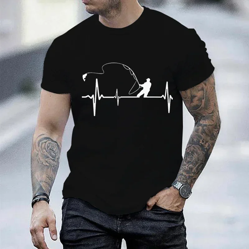 Men's Fishing Heart Rate Print T-Shirt Fun Short-Sleeved Summer Shirt Men's T-Shirt Men's Clothing