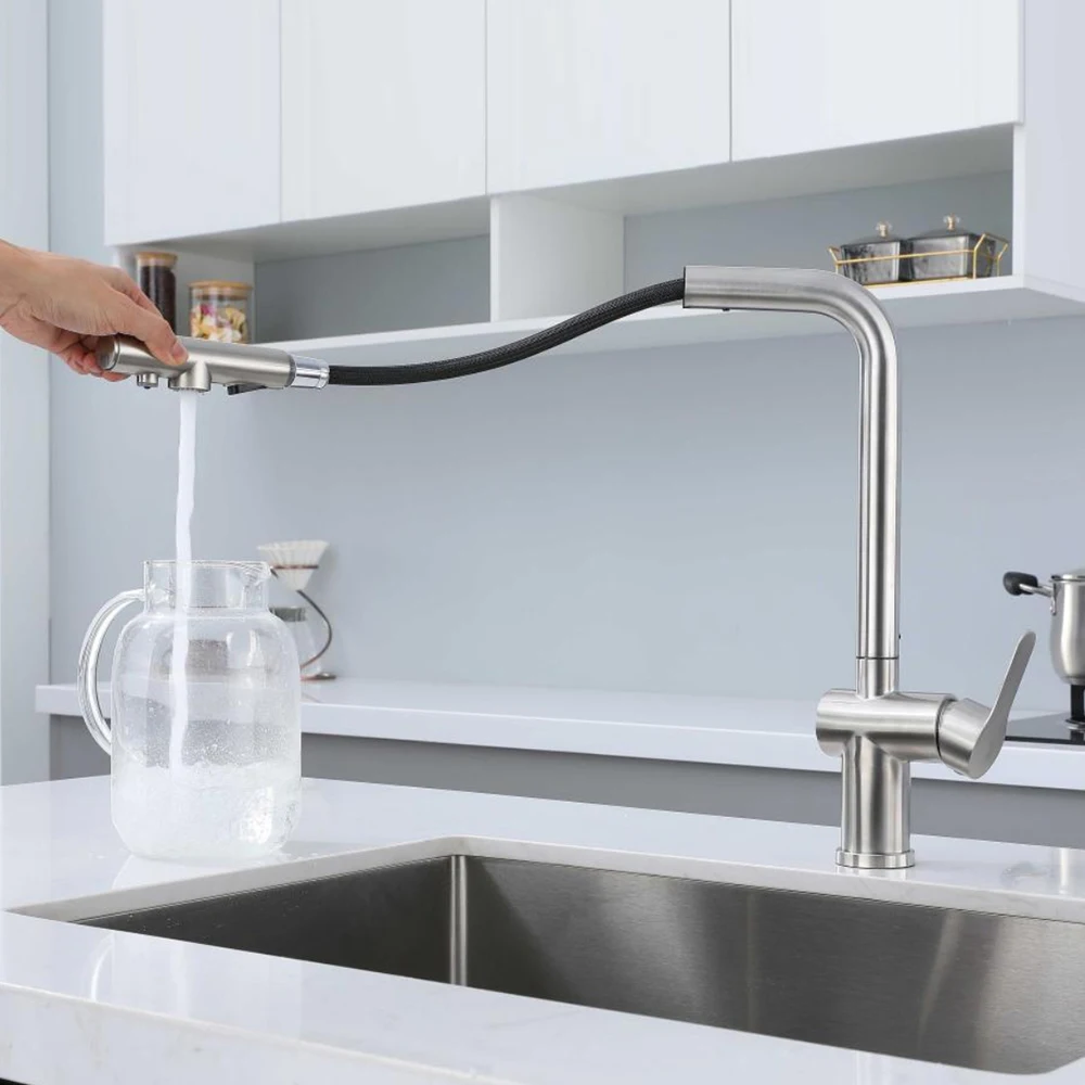 

Gun Grey ,Brushed Grey Color ,304 Stainless Steel Mixer Kitchen Faucet Cold & Hot Water ,Hose PuLL Down 360 Rotation ,Two Holes