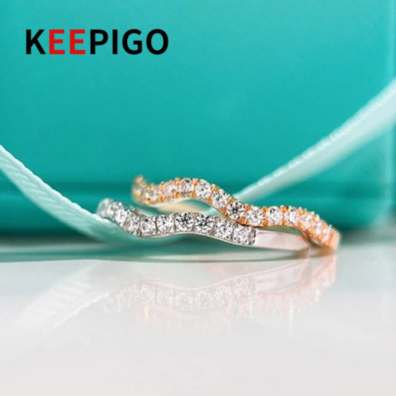 

KEEPIGO S925 Sterling Silver Simple Wave Ring Light Luxury Small Group Delicate Design AAAAA Zircon Rings ra065