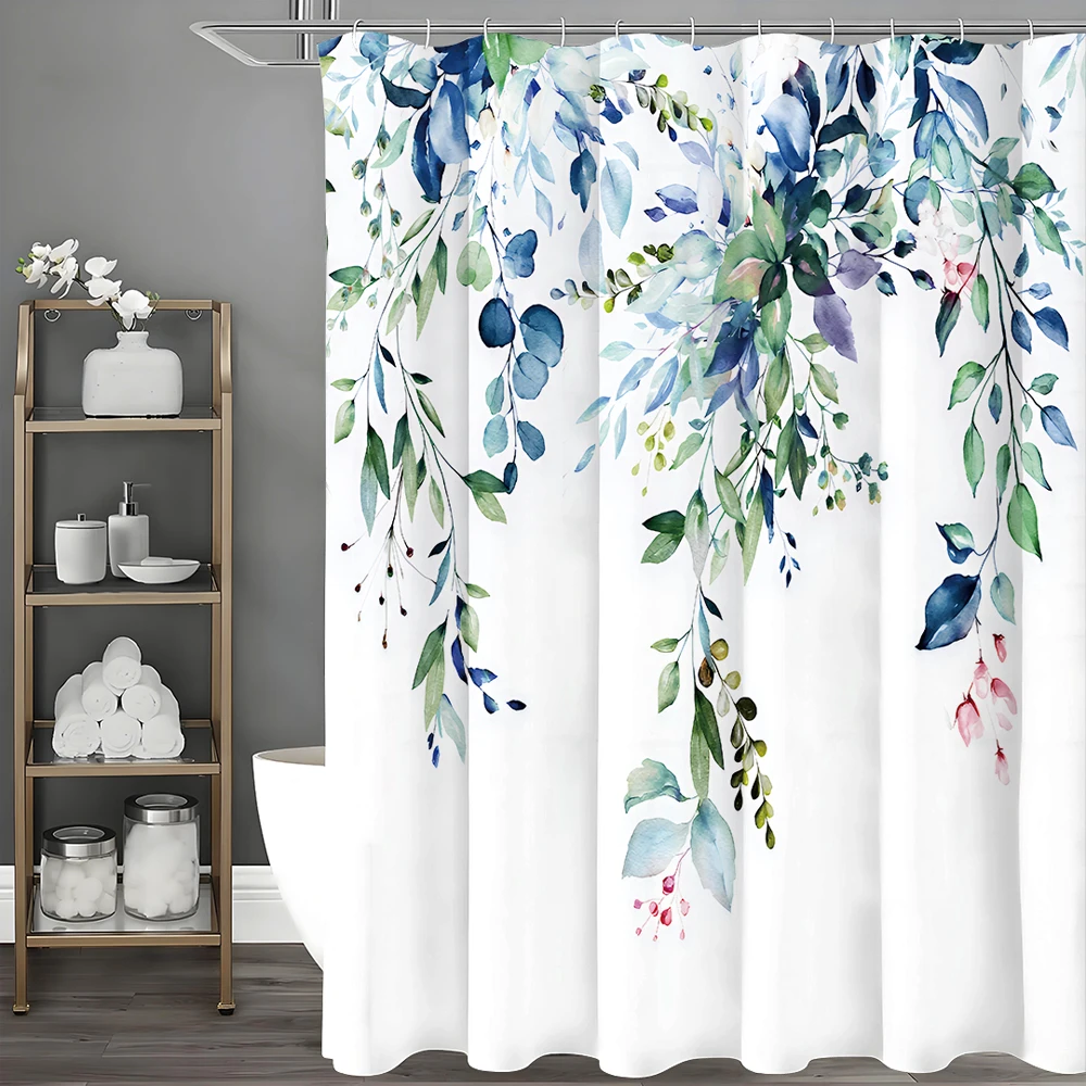 

Eucalyptus Leaf Blue Shower Curtain, Bathroom Decorative Shower Curtain, Waterproof Shower Curtain with Hooks