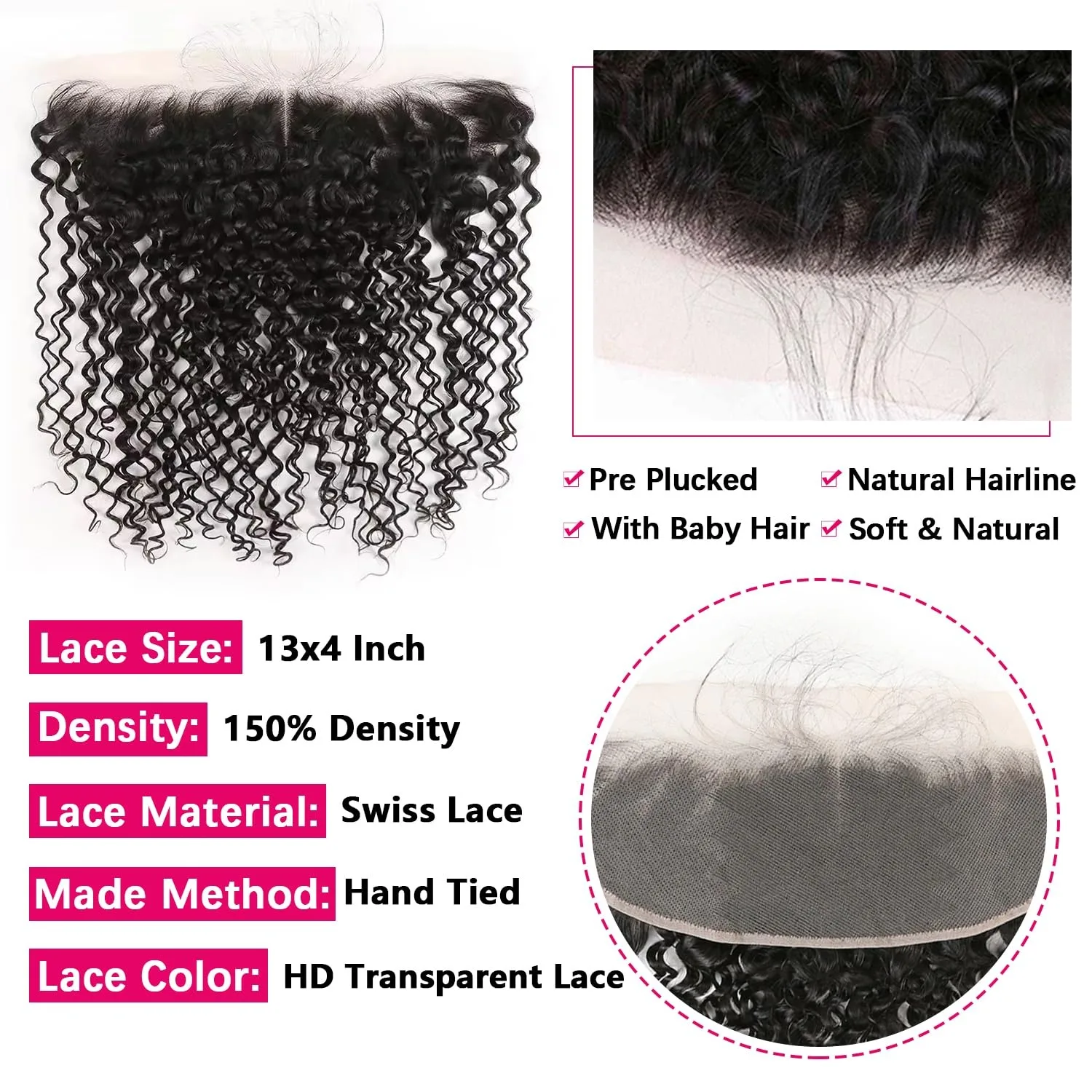13x4 Lace Frontal Human Hair Kinky Curly Lace Frontal Closure Pre Plucked with Baby Hair Brazilian Human Hair Natural Black view 3
