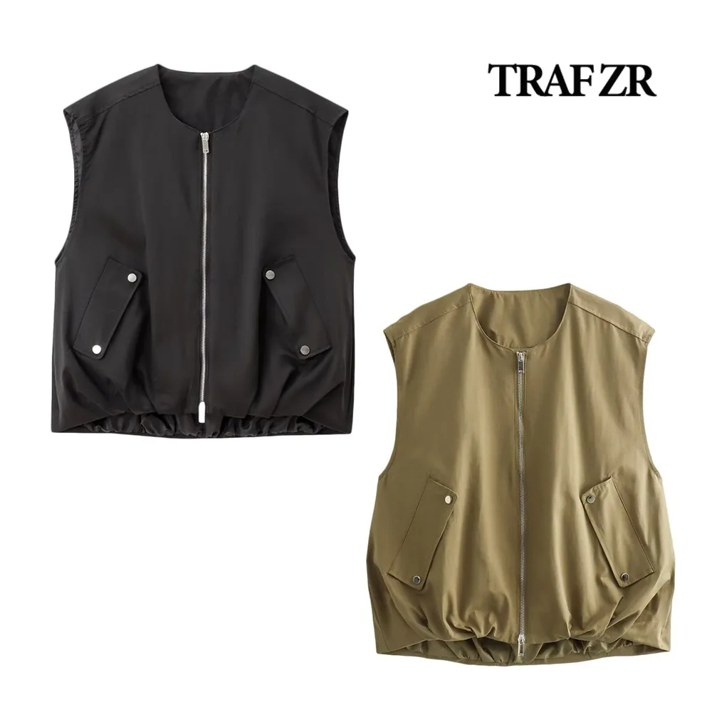 

TRAF ZR Normcore O-neck Waistcoat Women's Tonal Lined Vest Coats Back Pleats Causal Solid Sleeveless Outerwear Zipper Fly Top