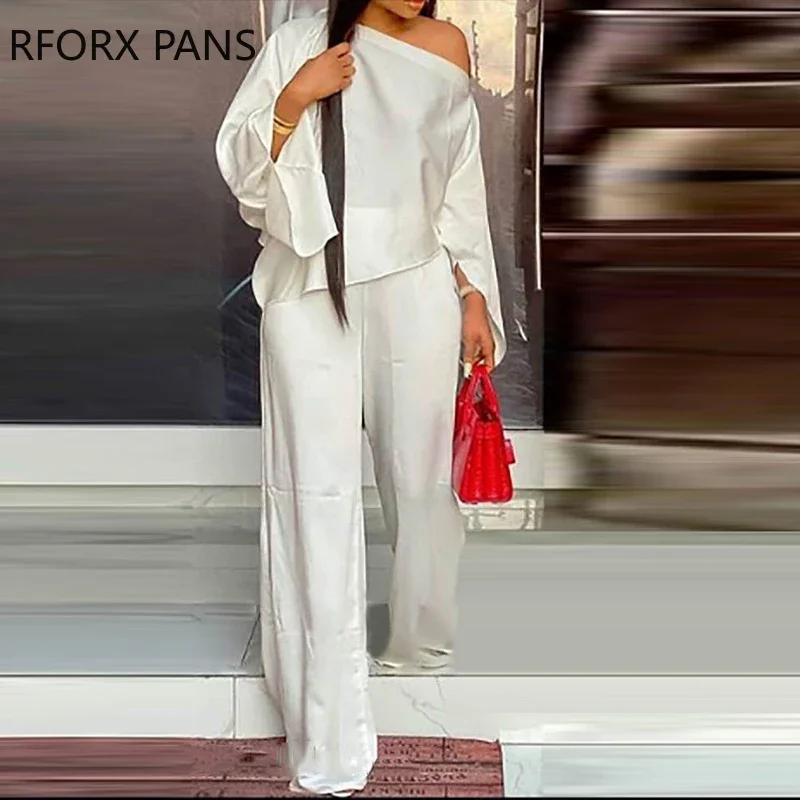 Women Solid Asymmetrical Flared Sleeves One Shoulder  Wide Leg White Pants sets