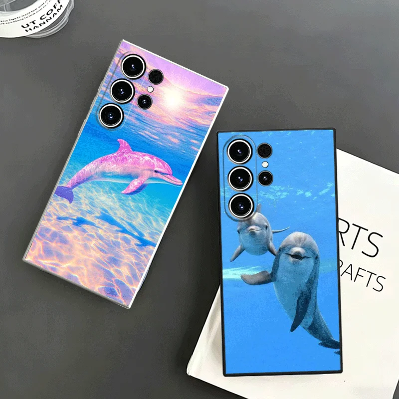 Ocean Cute Dolphin Soft Phone Case For Samsung S24 S25 S26 Ultra S23 S22 Plus S21 S20 FE Edge + Black White Couple Cover