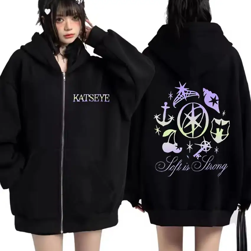 Katseye gráficos agasalho vintage com capuz das mulheres dos homens 2025 topos velo roupas de moda hip hop casaco zip up jaqueta solta streetwear