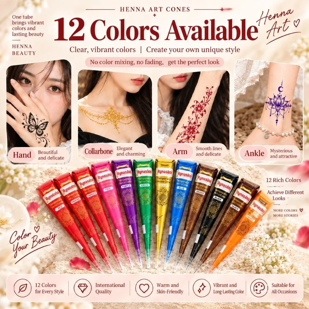 Waterproof Henna Paste Cone Tattoo Paste Long Lasting Multiple Colors Mehndi Body Art Ink Fine Tip Cone Temporary Tattoo