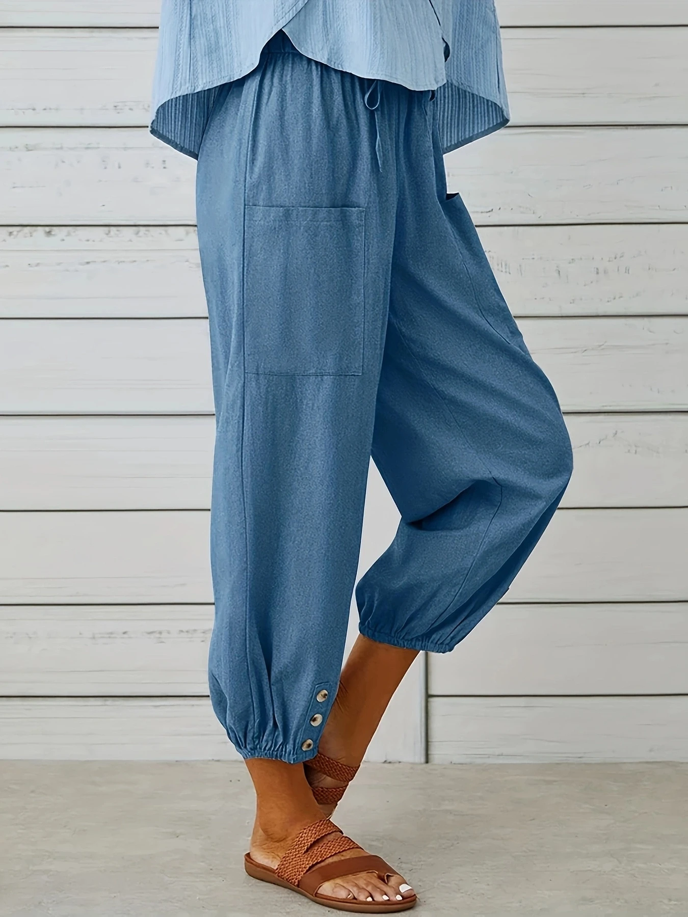 Women New Solid Color Loose Elastic Waist With Pockets Wide Leg All Match Straight Trousers Nine-Minute Pants