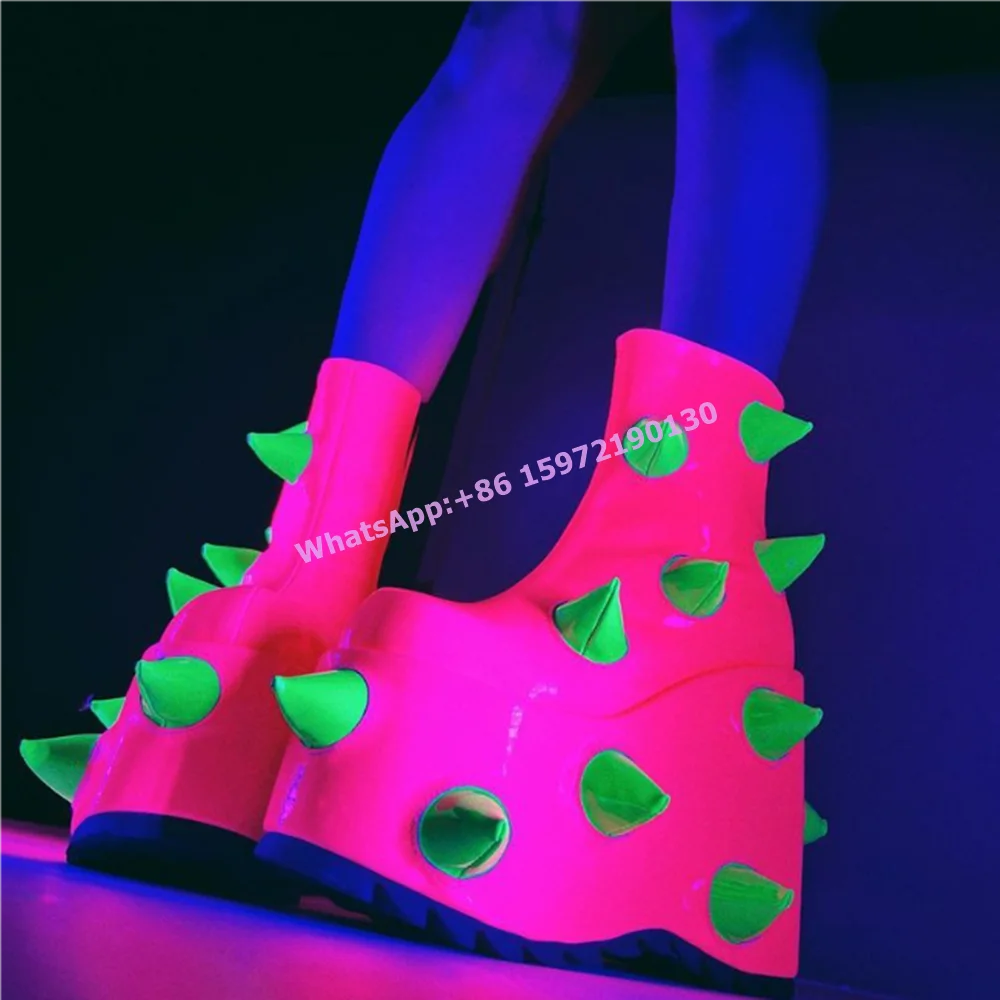 Horn Rose Green Platform Ankle Boots Gothic Round Toe Wedges Mixed Color Niche Design Shoes Women's Sexy Party Rock Shoes 2024