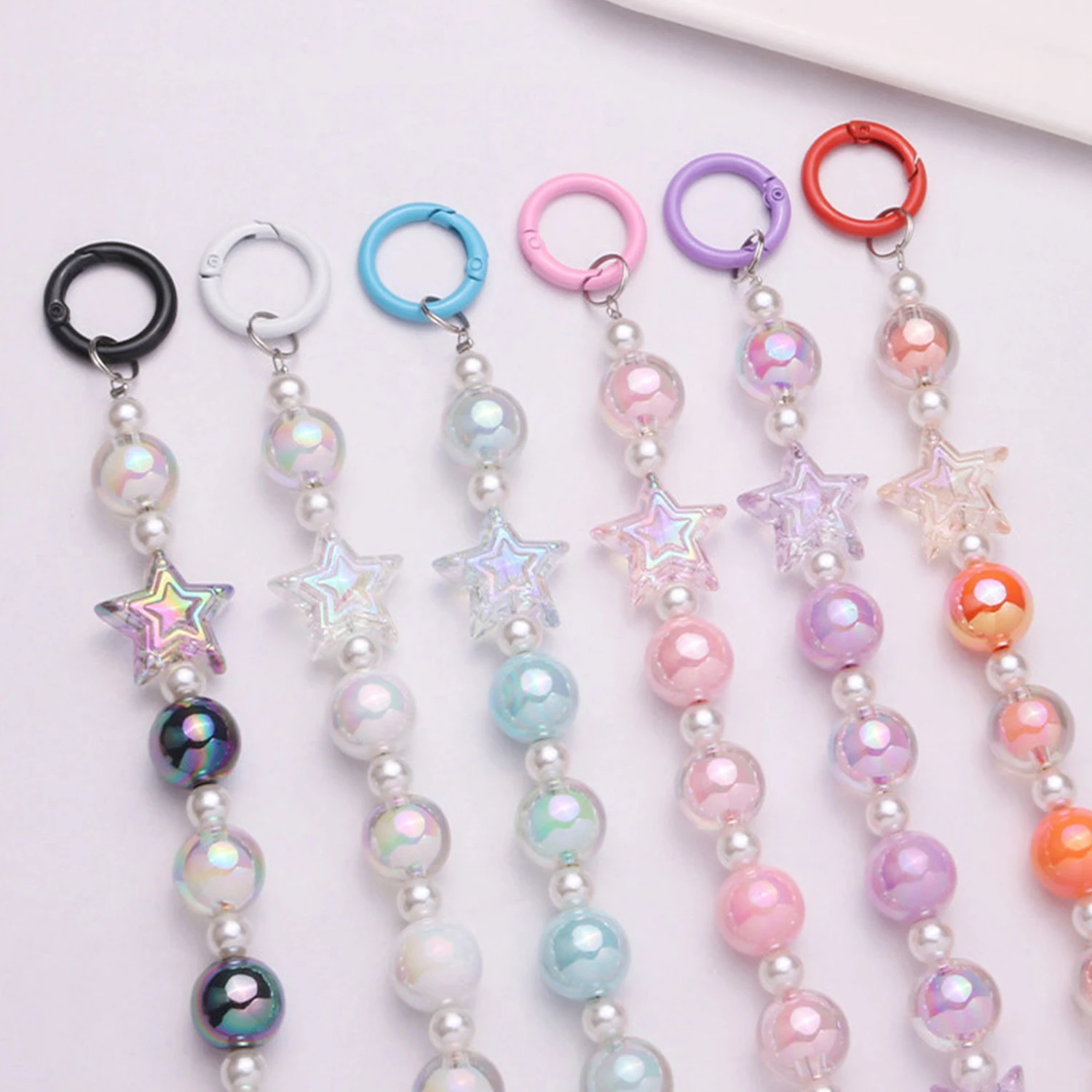 Korean Sweet Bead Key Ring Phone Anti-lost Lanyard Key Short Wrist Pendant Colorful Five-pointed Star Fashion Women's Keychain