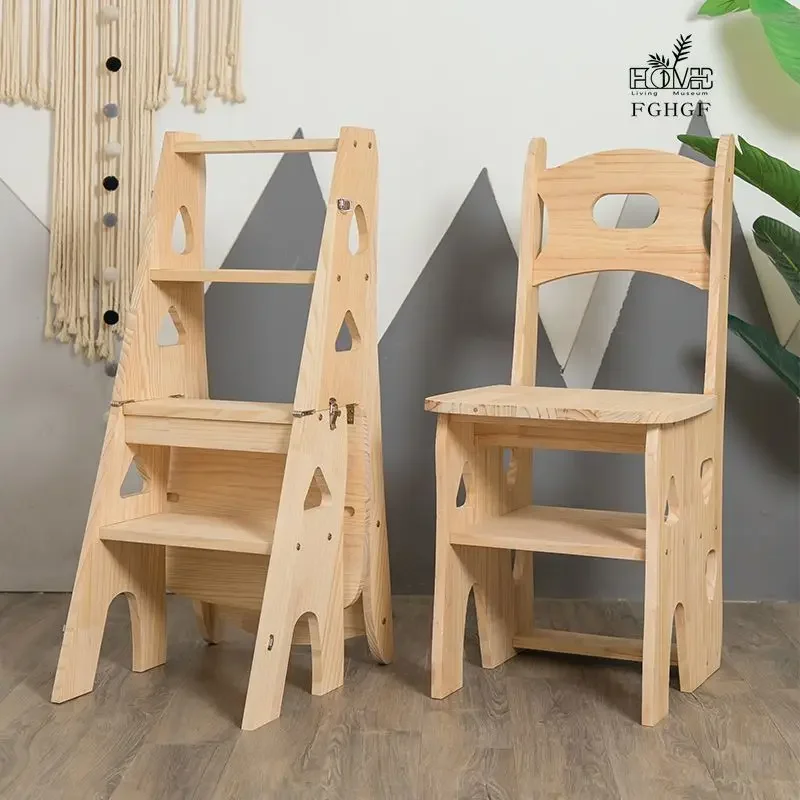 Solid wood pine ladder household folding ladder chair stool dual-purpose chair multifunctional herringbone ladder