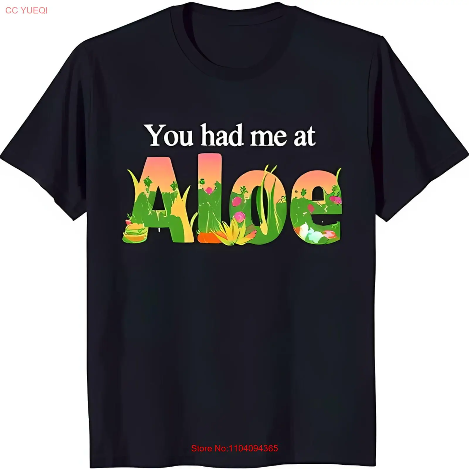 

Black T-Shirt with 'You Had Me at Aloe' Vibrant Green & Pink Garden Design
