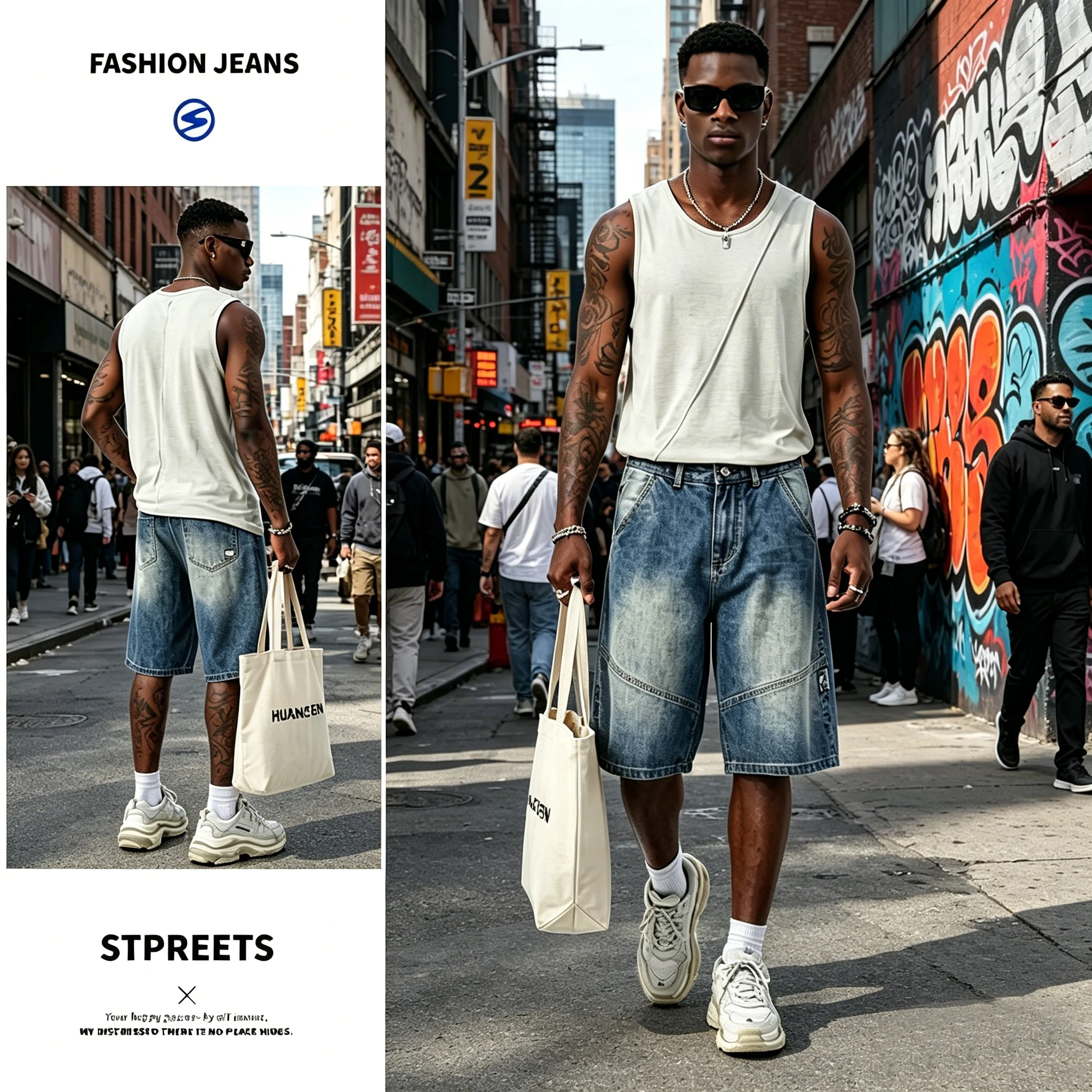 

Men's and women's blue jeans, cool and trendy straight leg non stretch casual shorts, suitable for summer street wear