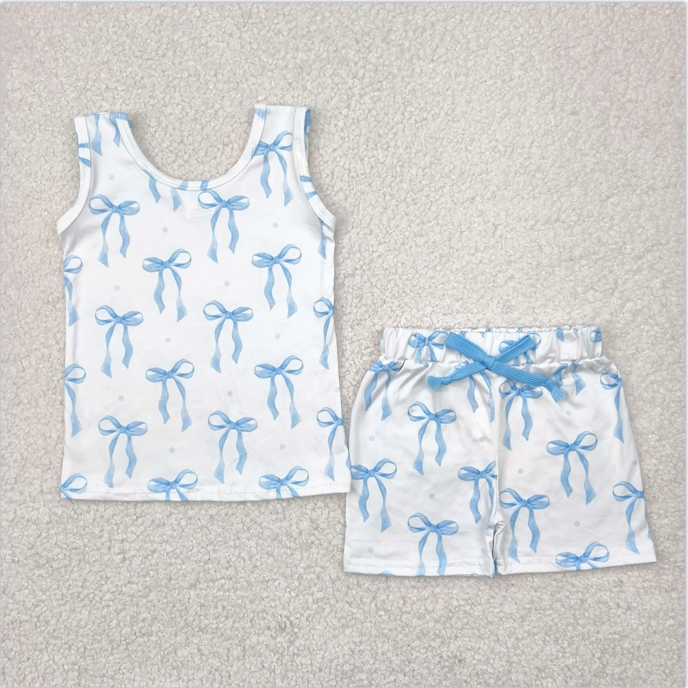 

RTS Baby girls fashion design children wholesale boutique outfits Baby Girls Sleeveless Blue Bows Tops Shorts Kids Clothes Sets