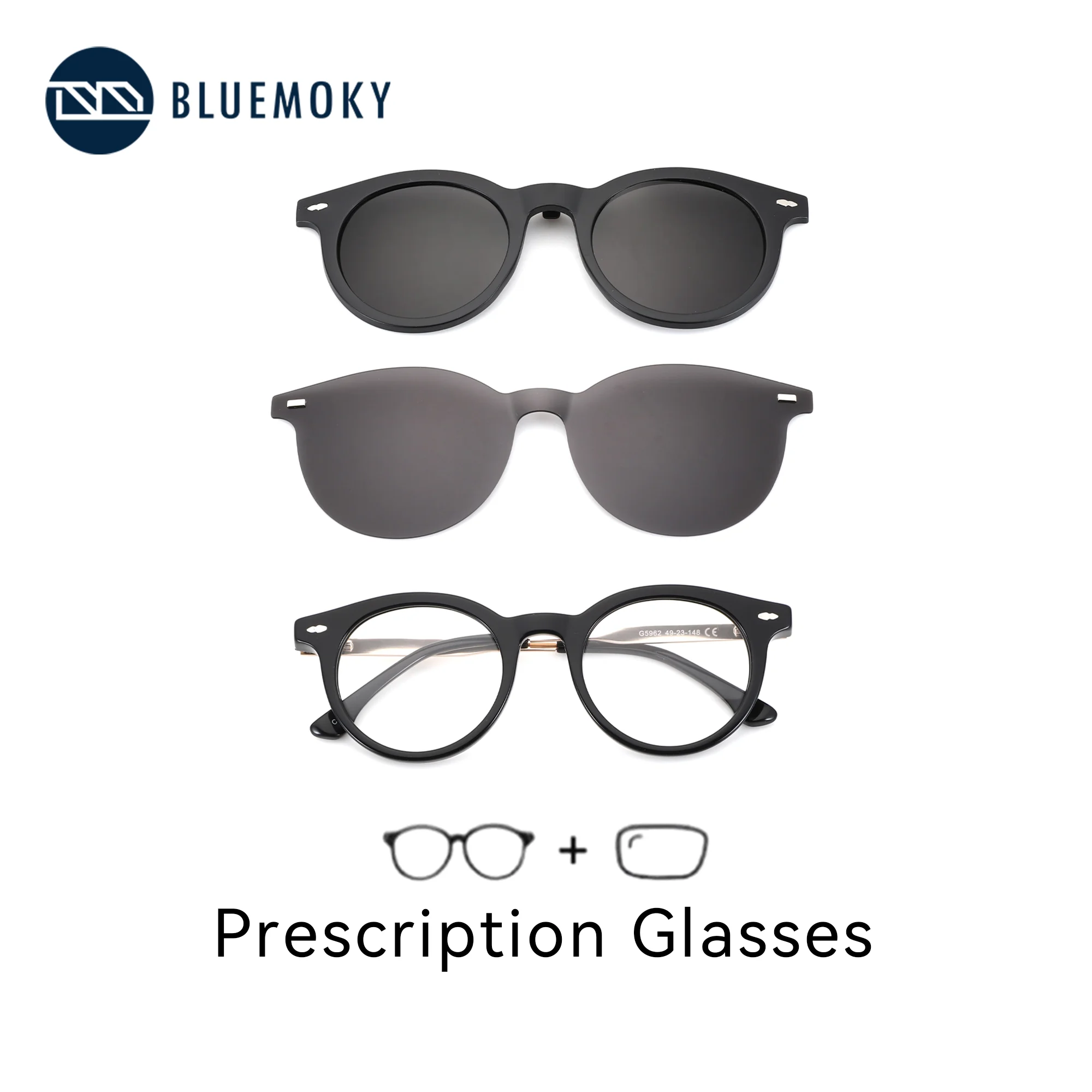 

BLUEMOKY XL Size Business Style Prescription Glasses for Men Square Acetate Myopia Clip On Sunglasses
