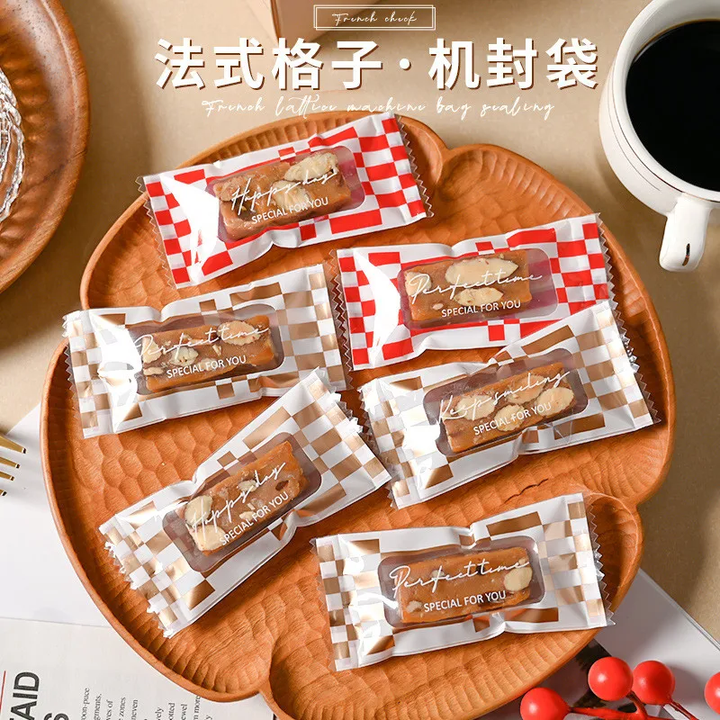 100Pcs 4x9cm 2025 New Year's Plaid Toffee Packaging Sea Salt Almond Nougat Sugar Coffee Candy Small Machine Sealing Bags