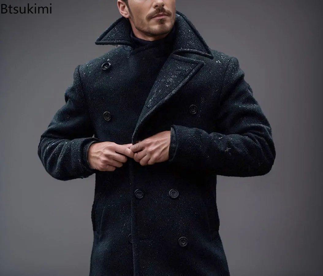 

New 2026 Men's British Style Long-sleeved Woolen Overcoats Autumn and Winter Fashion Lapel Double-breasted Solid Color Peacoat