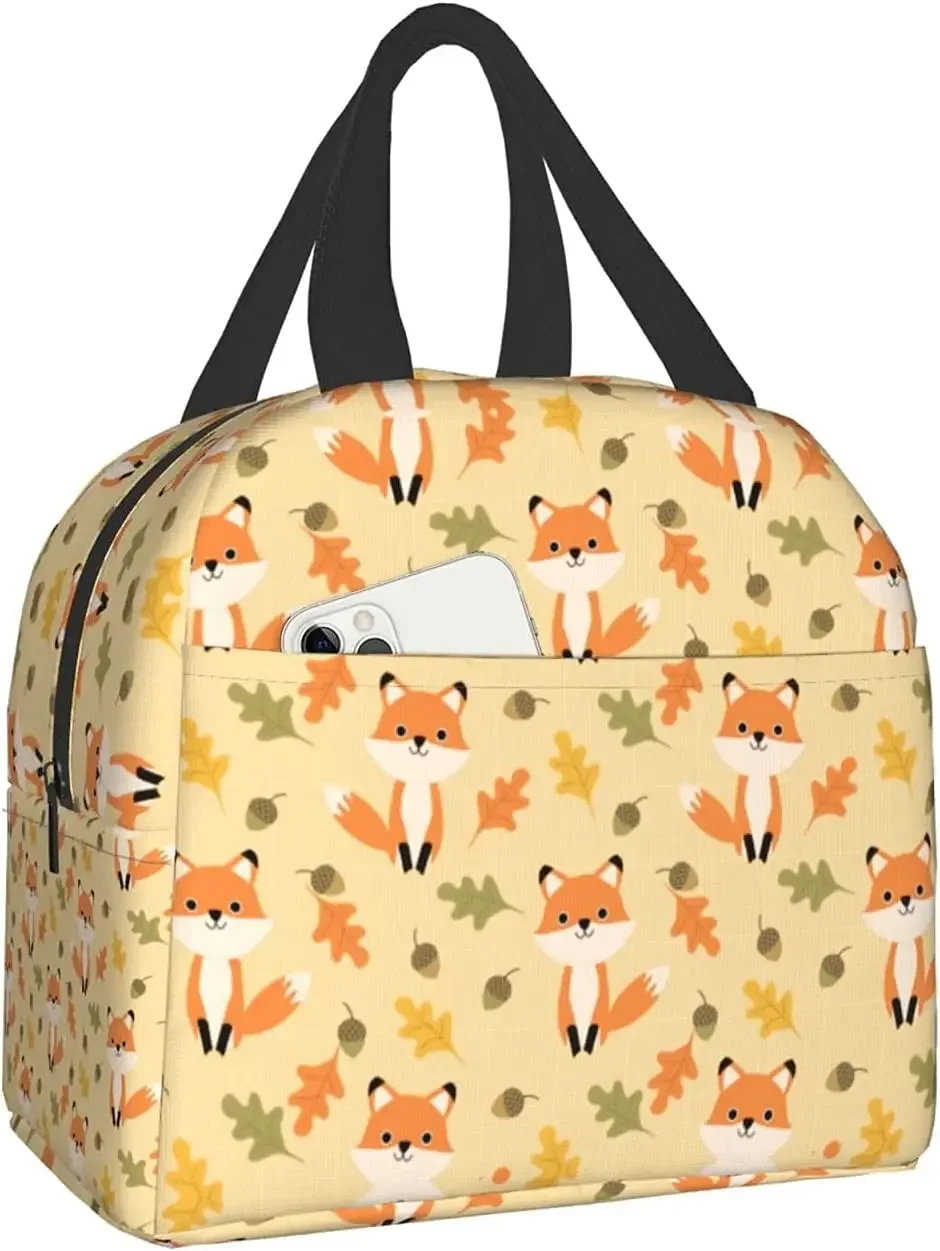 Cartoon Fox e Leaves Lunch Bag para homens e mulheres, caixa isolada, sacola, recipiente para escritório, trabalho, escola