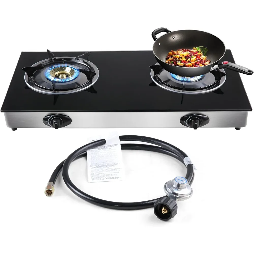 Propane Gas Cooktop 2 Burners Stove portable gas stove Tempered Glass Double Auto Ignition Camping Burner LPG for RV, Apartments