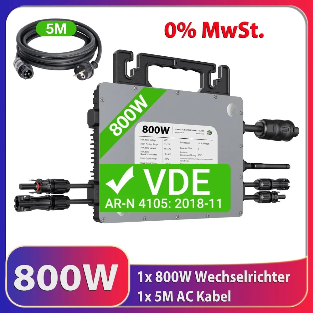 800W Micro Inverter, 2 MPPT, WiFi Monitoring, IP67, Plug & Play Grid-Tie Solar Inverter for Balcony Power System