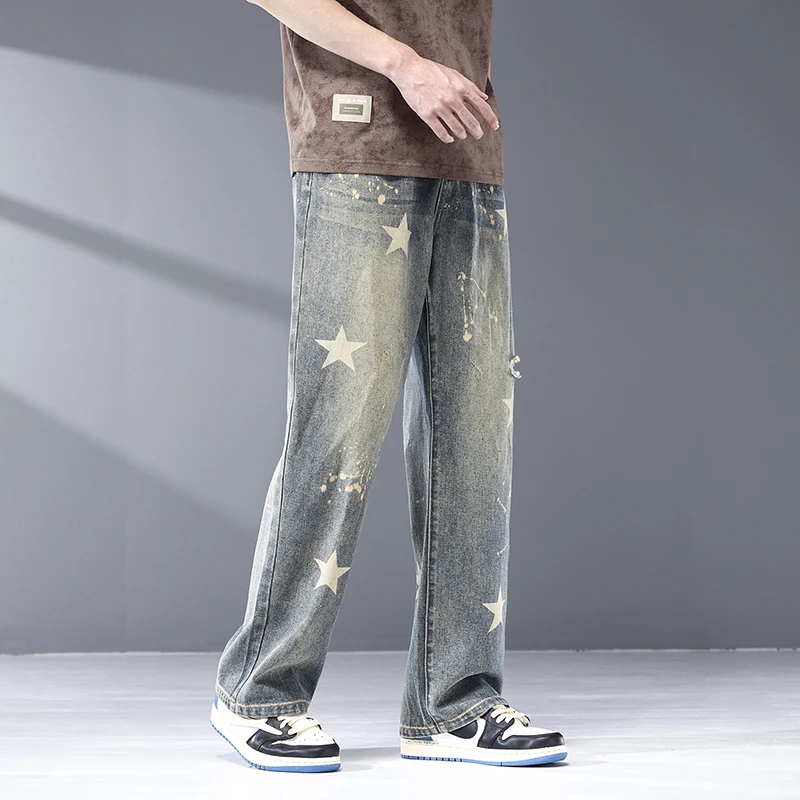 New Straight Leg Jeans For Men Fashionable Print Trendy Fit Nostalgic Wash Simple And Casual Hip-Hop Fashion Brand Elastic Denim