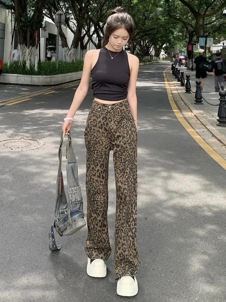 Design leopard print American retro jeans women\'s summer casual wide-leg high street loose straight narrow version long pants