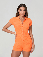 Women Summer Playsuit Solid Orange Flocking Neck Short Sleeve Button-Open Tight Short Rompers