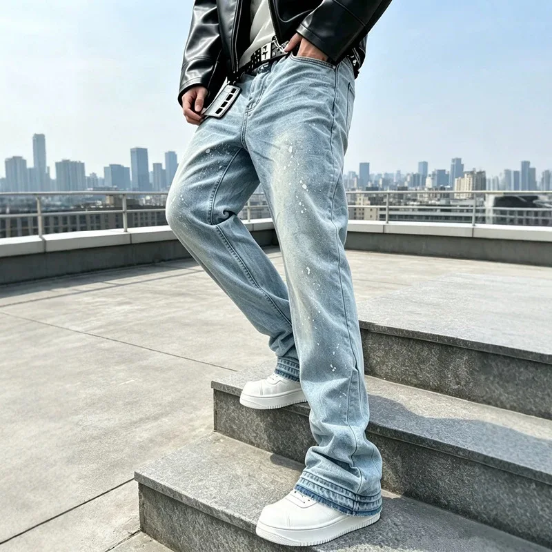 Men Light Blue Splash Ink Flare Jeans, Frayed Hem Stacked Distressed Denim Pants