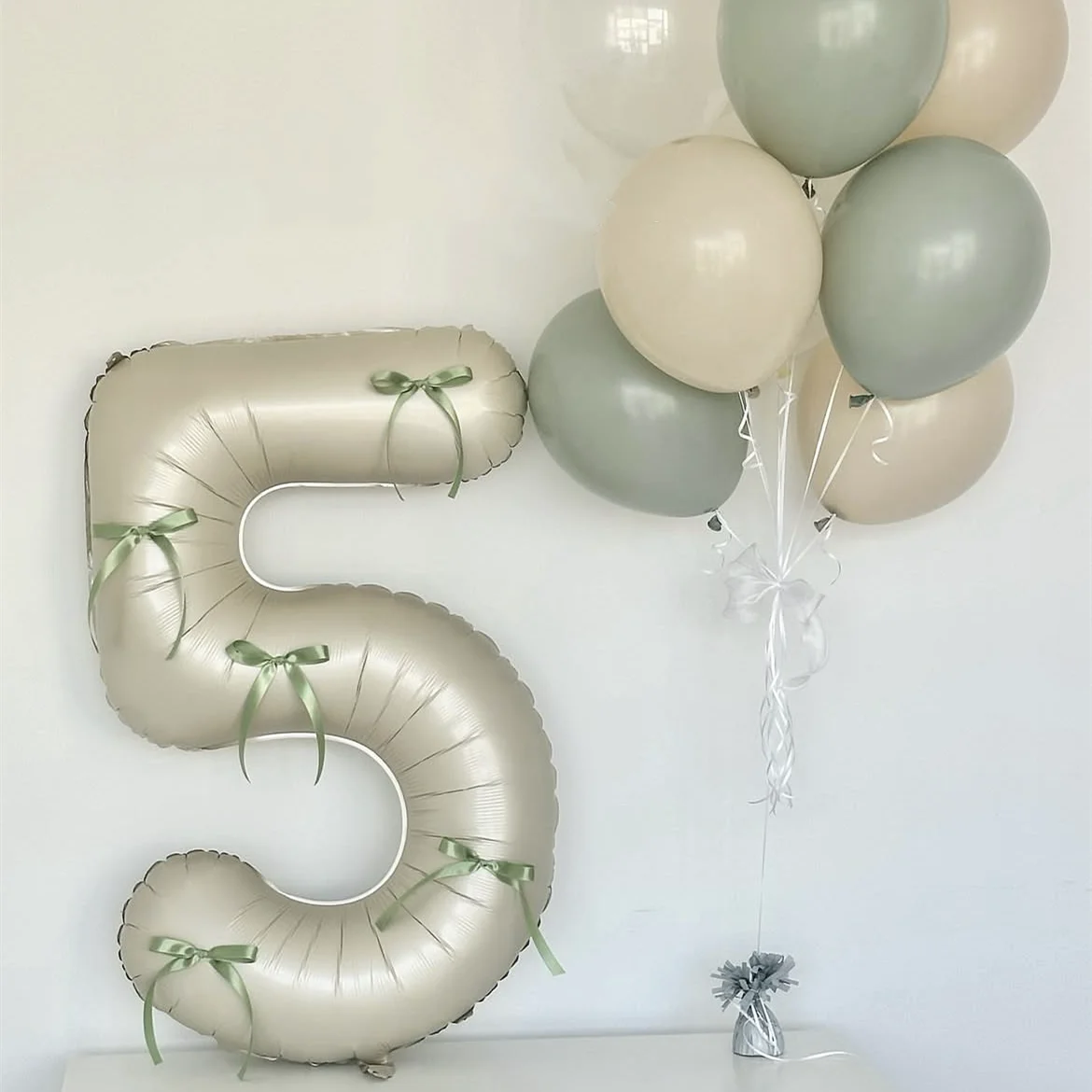 1SET Large 32inch Number Milky white Foil Balloon Green butterfly ribbon1 2 3 4 5 6 7 8 9 Birthday Party Baby Shower Decorations