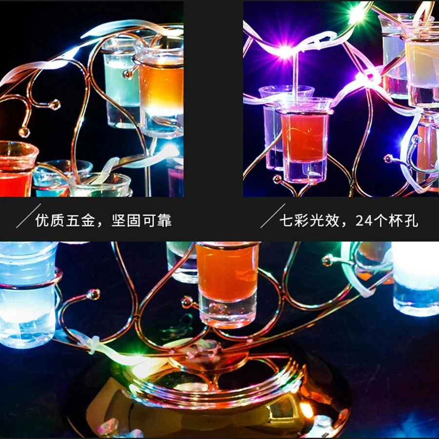 Rechargeable Metal 24 Holes LED Glass Display Stand Round Wine Rack cocktail cup holder Shot Glass service Tray bar supplies