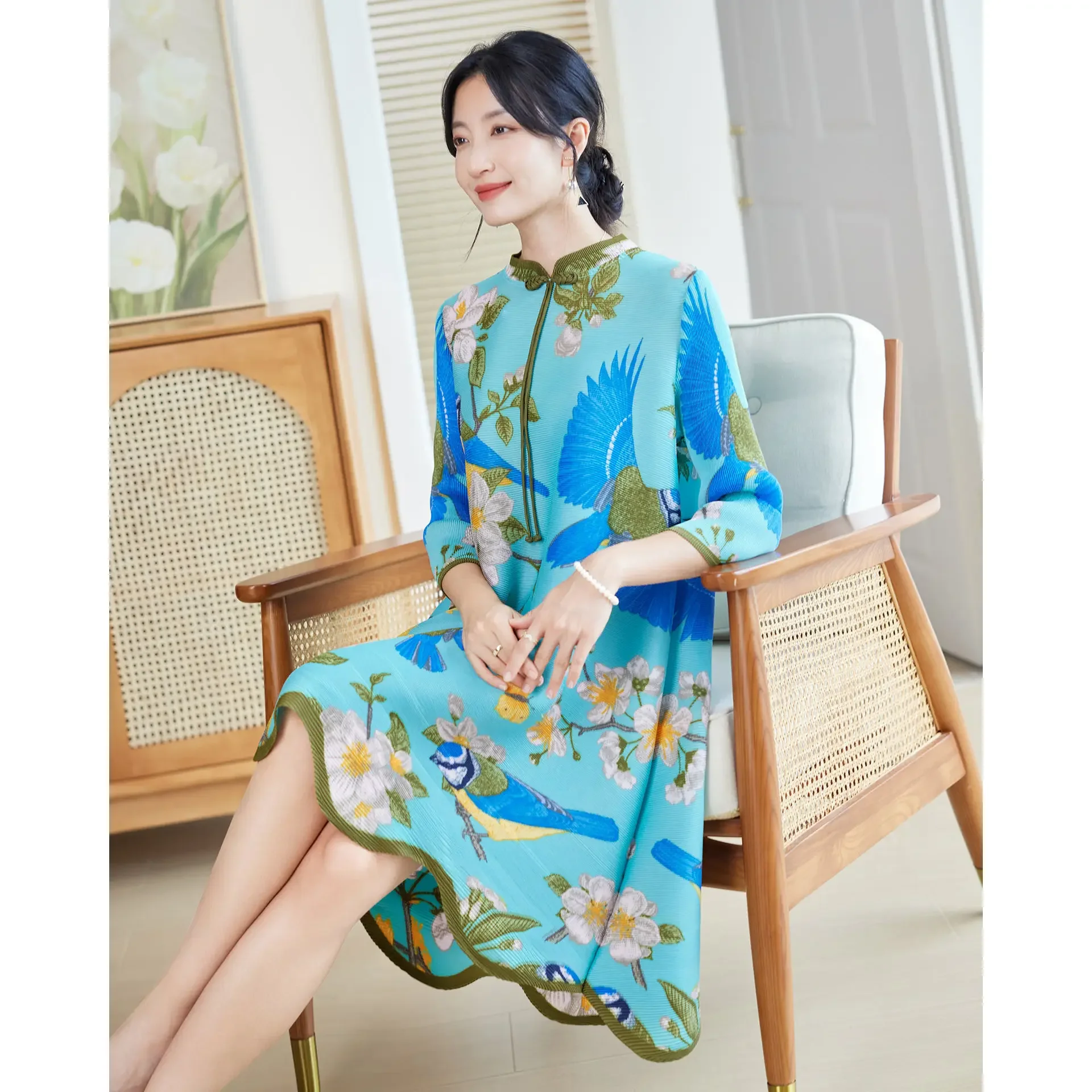 Miyake Pleated Elegant Dress for Women, New Chinese Style Improved Style Cheongsam Fashion Printed Mother's Dress, 2024 New