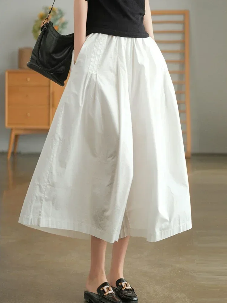 カーキ色のレディースパンツ、100％純綿、カジュアルでゆったりとしたゴムウエストのスカートパンツ、2026年夏新作、レトロな黒のワイドレッグパンツ、女性用