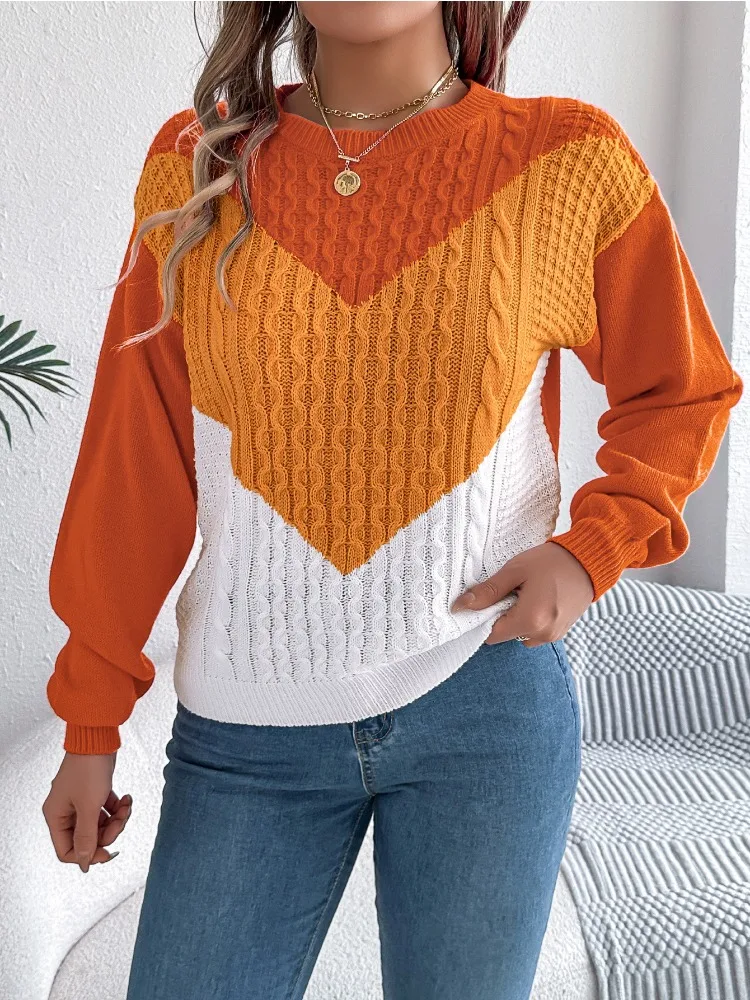 Women V Shape Color Block Cable Knit Sweater 2026 Autumn Winter O Neck Lantern Sleeve Loose Pullover Patchwork Warm Jumper