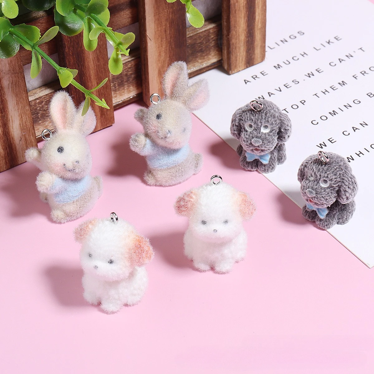 20Pcs 3D Resin Flocking Puppy Rabbit Charms Cartoon Animal Pendant for Earrings Necklace Keychain Making DIY Jewelry Accessories