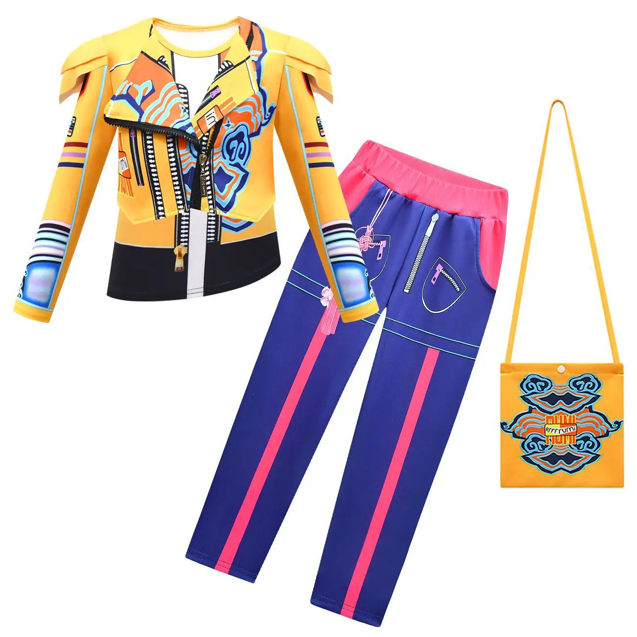 

Костюм девушки на Хэллоуин Kpop Demon Singer Rumi Косплей Униформа с принтом пальто с длинными рукавами + майка + брюки + сумка комплект из 4 предметов для детей