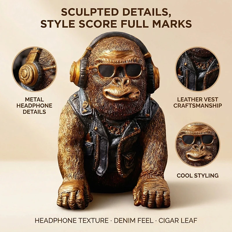 Resin American Retro Gorilla Animal Statue Cool home decor for living room, bedroom, and office Table decoration and accessories