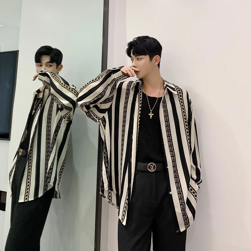 

Retro Luxury Sle Men's Long Sve Loose Thin Drapey Striped irt Faionable Hairst Top Trendy Youth Autumn Square C...