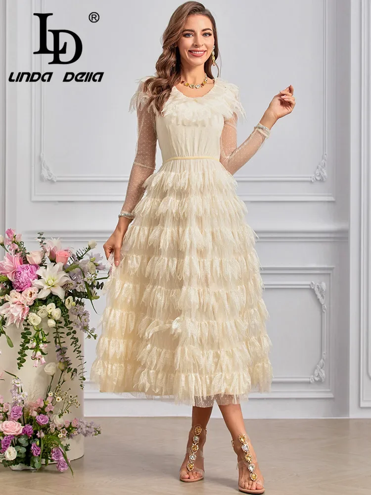 

LD LINDA DELLA 2024 New Style Runway Designer Dress Women's Vintage Elegant Polka Dot Print Gorgeous Cascading Ruffle Dresses