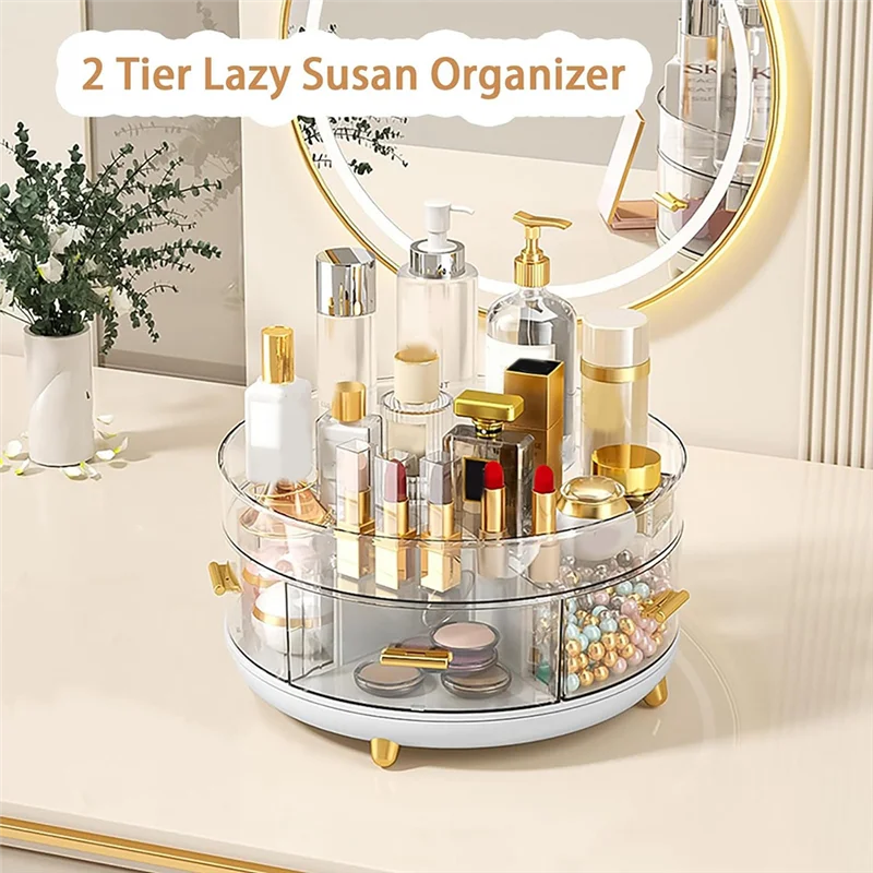 

A63X-2 Tier Rotating Makeup Organizer Condiment Rack Countertop,Bathroom Organizers And Storage,Rotates 360 Degrees With 5 Divid